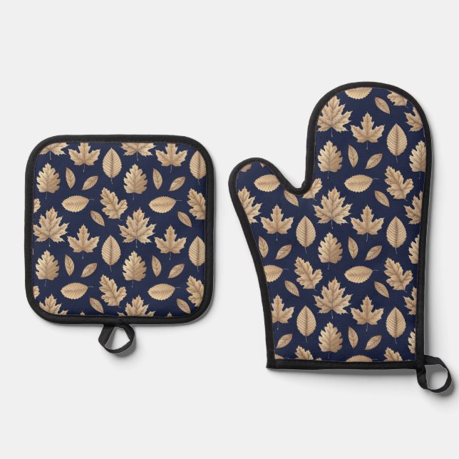 Cute Gold/Blue Autumn Leaves Oven Mitt & Pot Holder Set (Front)