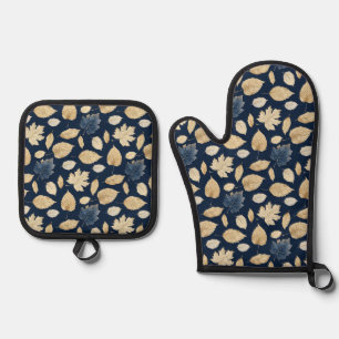Cute Gold/Blue Autumn Leaves Oven Mitt & Pot Holder Set