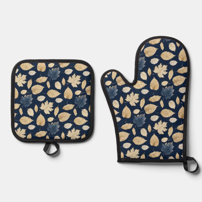 Cute Gold/Blue Autumn Leaves Oven Mitt & Pot Holder Set (Front)