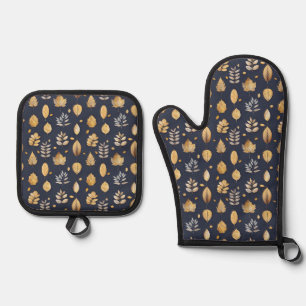 Cute Gold/Blue Autumn Leaves Oven Mitt & Pot Holder Set