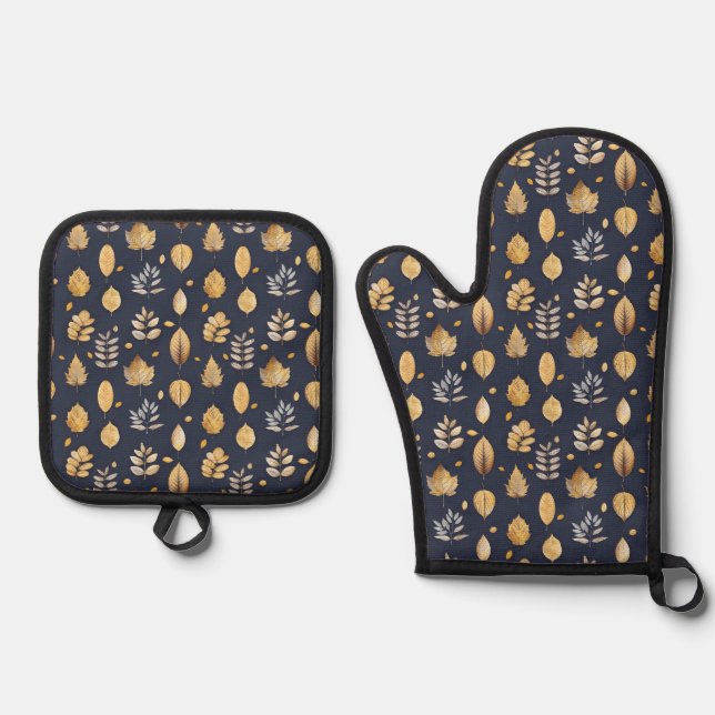 Cute Gold/Blue Autumn Leaves Oven Mitt & Pot Holder Set (Front)