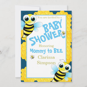 Cute Gold Blue Yellow Mommy To Bee Baby Shower Invitation