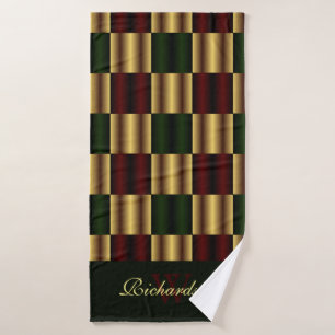 Cute Gold Burgundy Green Squares Geometric Pattern Bath Towel Set