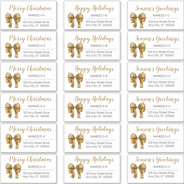 Cute Gold Christmas Bow Holiday Address Labels (Front)
