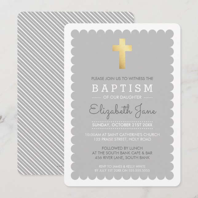 CUTE GOLD CROSS modern baptism scalloped edge grey Invitation (Front/Back)
