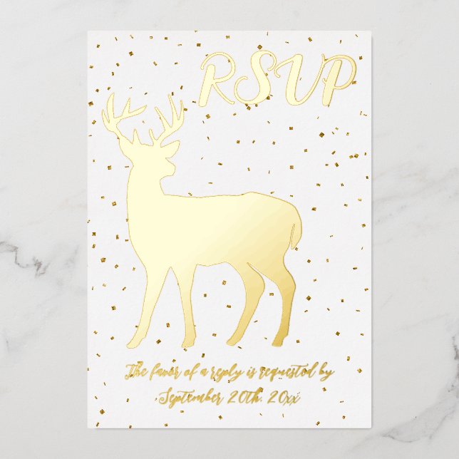 Cute Gold Deer & Gold Confetti RSVP Real Foil (Front)