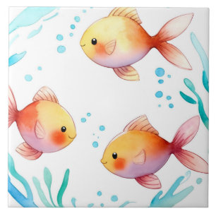Cute Gold Fish Watercolor Ocean Sea Nautical Tile