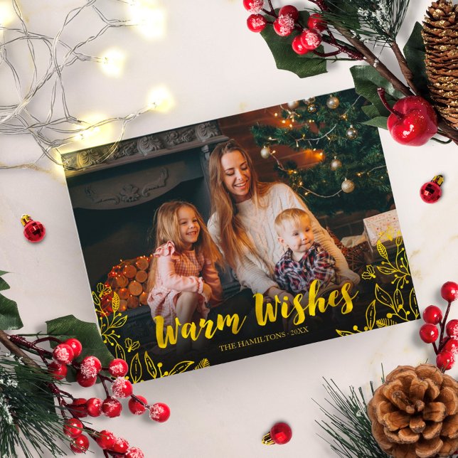 Cute Gold Foil Foliage Warm Wishes Photo Christmas Postcard (Creator Uploaded)