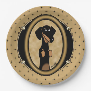 Cute Gold Frame Dachshund Portrait (black & tan) Paper Plate