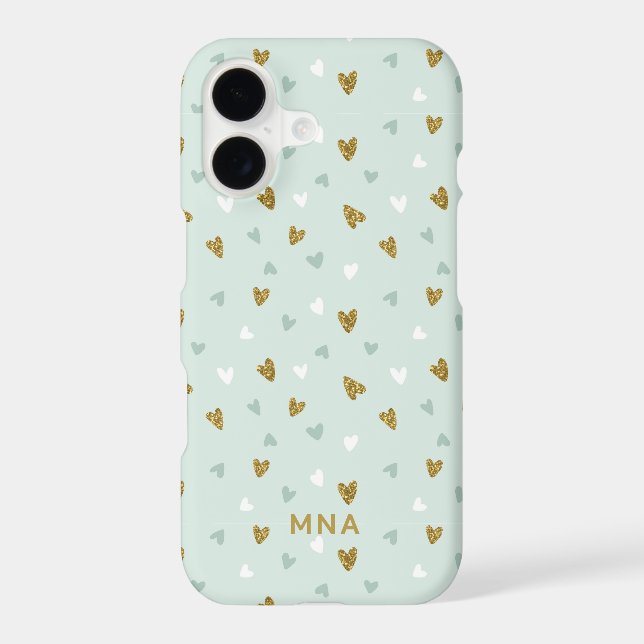 Cute Gold Glitter and Mint Hearts Pattern Monogram (Back)