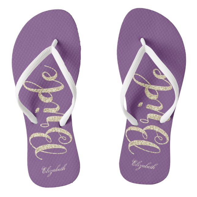 Cute Gold Glitter Bride,Purple  -Personalized Flip Flops (Footbed)