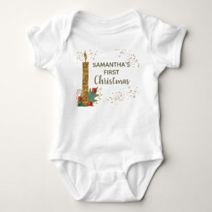 Cute Gold Glitter Candle Leaves First Christmas Baby Bodysuit