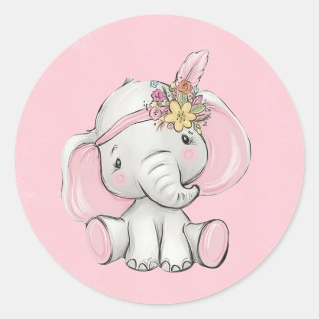 Cute Gold Glitter Elephant Girl Baby Shower Classic Round Sticker (Front)