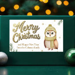 Cute Gold Glitter Merry Christmas Owl Sticker<br><div class="desc">This adorable Merry Christmas gift sticker features a cute owl wearing a holiday scary next to faux glitter gold script and your custom message underneath. Pretty pine leaves peak out from the corners of this trendy woodland animal drawing next to whimsical snowflakes.</div>