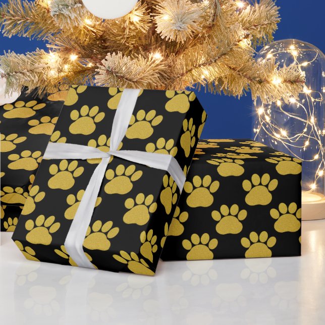 Cute Gold Glitter Paw Prints Pet Lovers Black  Wrapping Paper (Holidays)