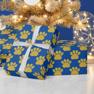 Cute Gold Glitter Paw Prints Pet Lovers Blue  Wrapping Paper