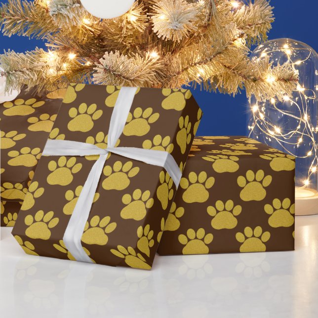 Cute Gold Glitter Paw Prints Pet Lovers Brown  Wrapping Paper (Holidays)