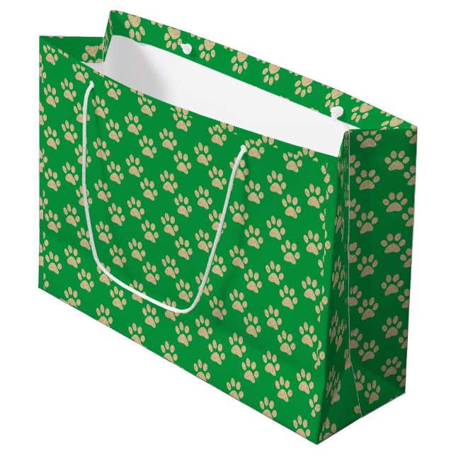 Cute Gold Glitter Paw Prints Pet Lovers Green Large Gift Bag (Front Angled)