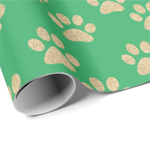 Cute Gold Glitter Paw Prints Pet Lovers Green Wrapping Paper