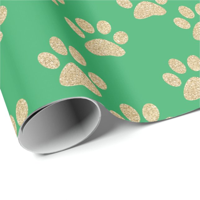 Cute Gold Glitter Paw Prints Pet Lovers Green Wrapping Paper (Roll Corner)
