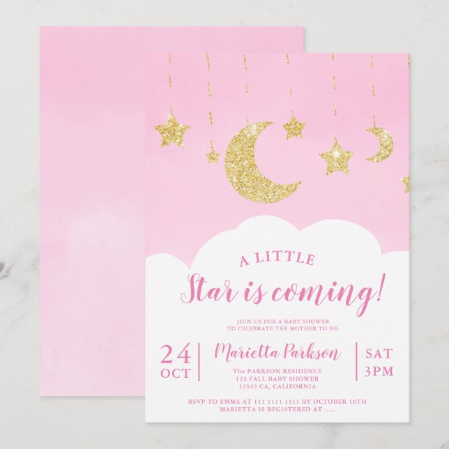 Cute gold glitter star moon cloud pink baby shower invitation (Front/Back)