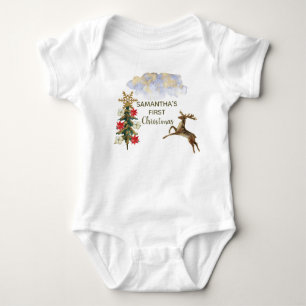 Cute Gold Glitter Trees Deer Baby First Christmas Bodysuit