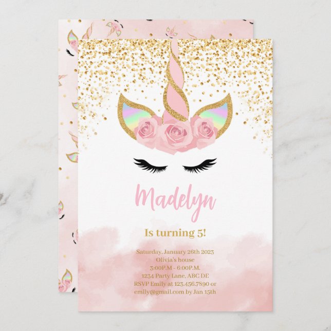Cute Gold Glitter Unicorn Birthday Invitation (Front/Back)