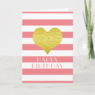 Cute Gold Heart Pink White Stripes Happy Birthday  Card