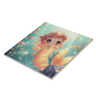 Cute gold mermaid in underwater world tile