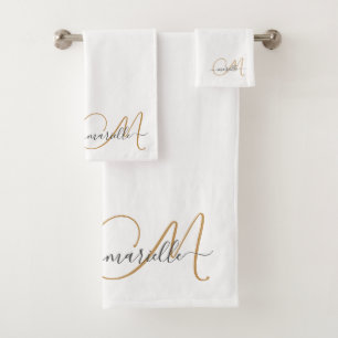 Cute Gold Monogram Script Name Elegant White Bath Towel Set