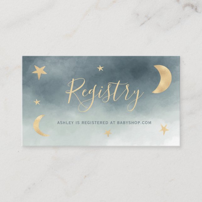 Cute gold moon stars blue registry baby shower enclosure card (Front)