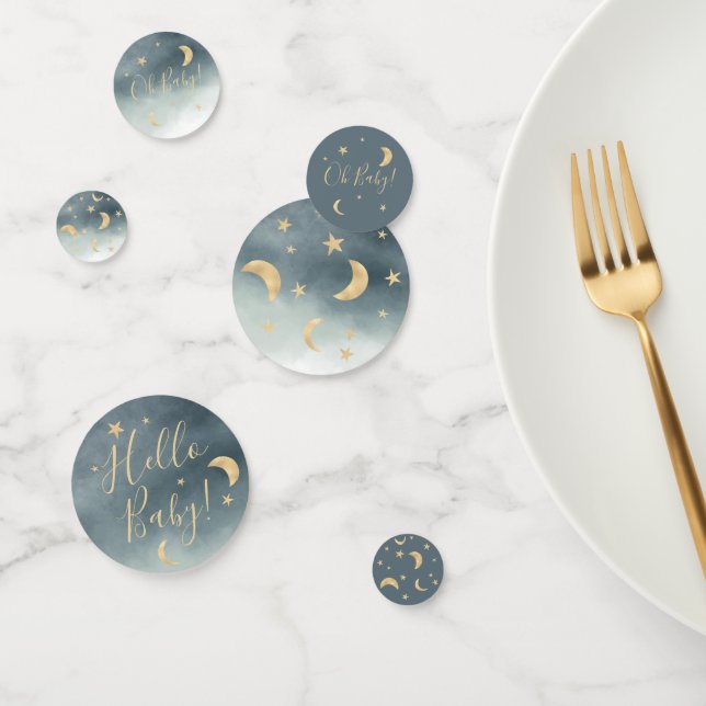 Cute gold moon stars blue watercolor baby shower confetti (Group)