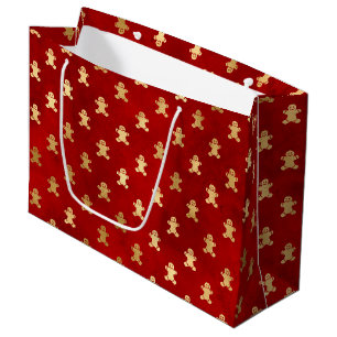 Cute gold red gingerbread man elegant Christmas Large Gift Bag