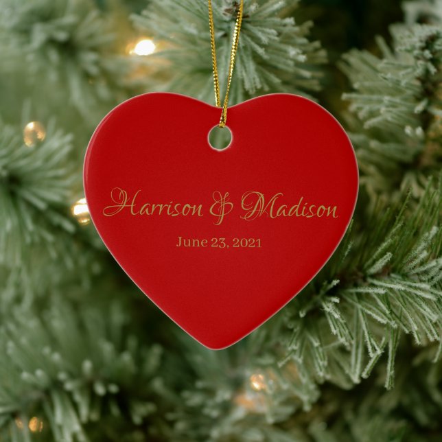Cute gold red heart custom script names date ceramic ornament (Tree)