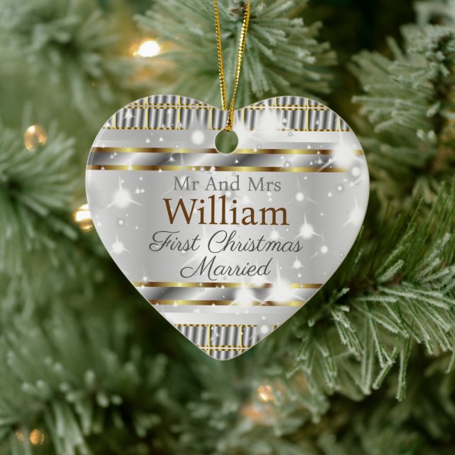 Cute Gold Silver Love Shaped Custom Wedding Ceramic Ornament (Tree)