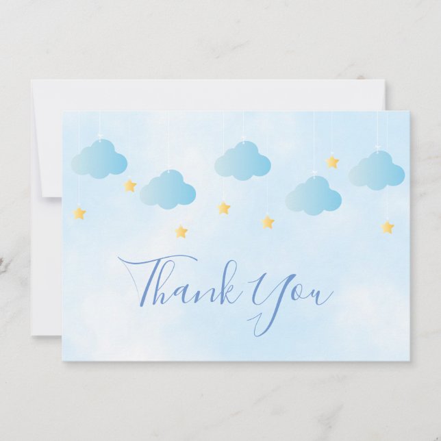 Cute Gold Stars Blue Clouds Script Thank You (Front)