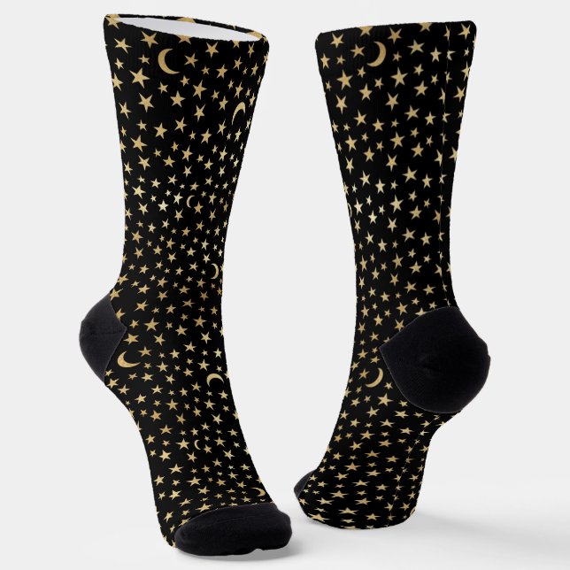 Cute Gold Stars Crescent Moons Pattern Socks (Angled)