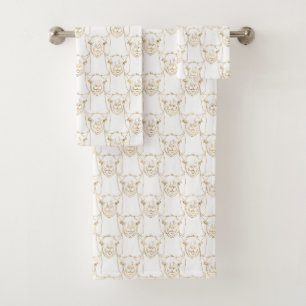 Cute Gold Strokes Llama Animal White Pattern Bath Towel Set