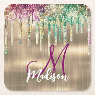 Cute gold unicorn Glitter Drips monogram Square Paper Coaster