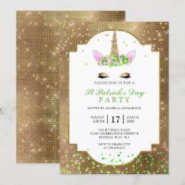 Cute Gold Unicorn St Patrick's Day Party Invitation