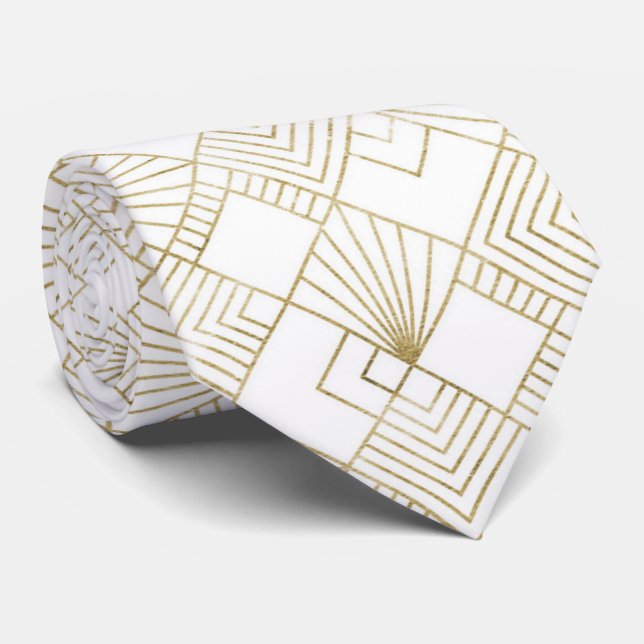 Cute gold white art deco pattern tie (Rolled)