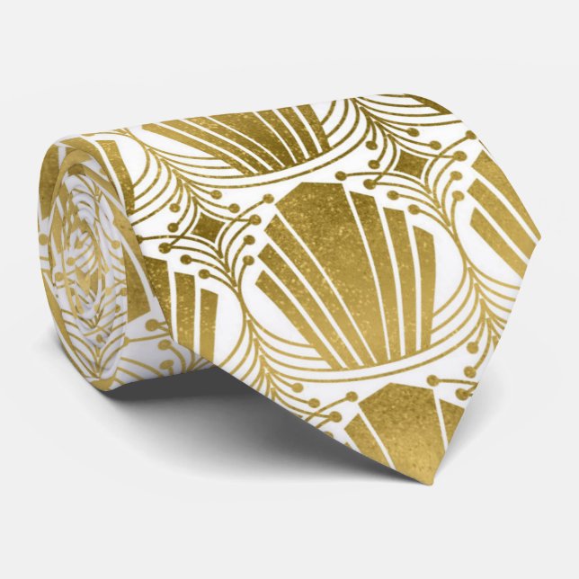 Cute gold white art deco pattern tie (Rolled)