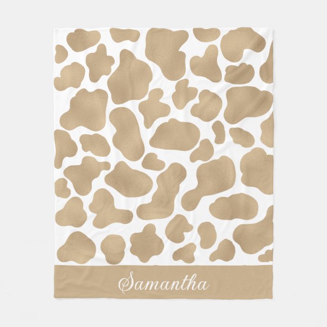 Cute Gold White Cow Print Animal Pattern Fleece Blanket (Front)