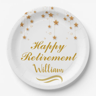 Cute gold & white script Happy Retirement Paper Plate