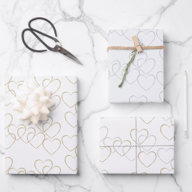 Cute Golden and Silver Heart Charms on White Wrapping Paper Sheet (Front)