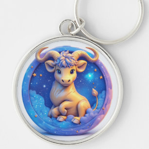 Cute Golden Bull in Cosmic Circle Keychain