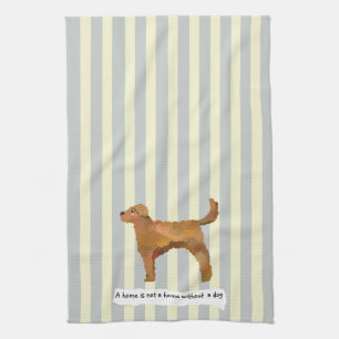 Cute Golden Doodle blue and cream striped Kitchen Towel