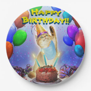 Cute Golden Festive Birthday Kitty Paper Plate