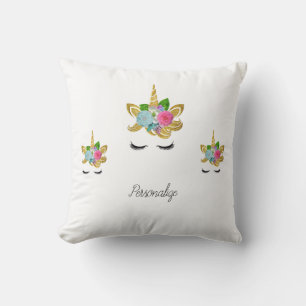 Cute Golden Glittery Unicorn Face Throw Pillow