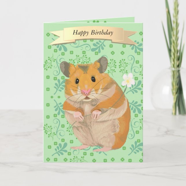 Cute Golden Hamster Holding a Flower Card (Front)